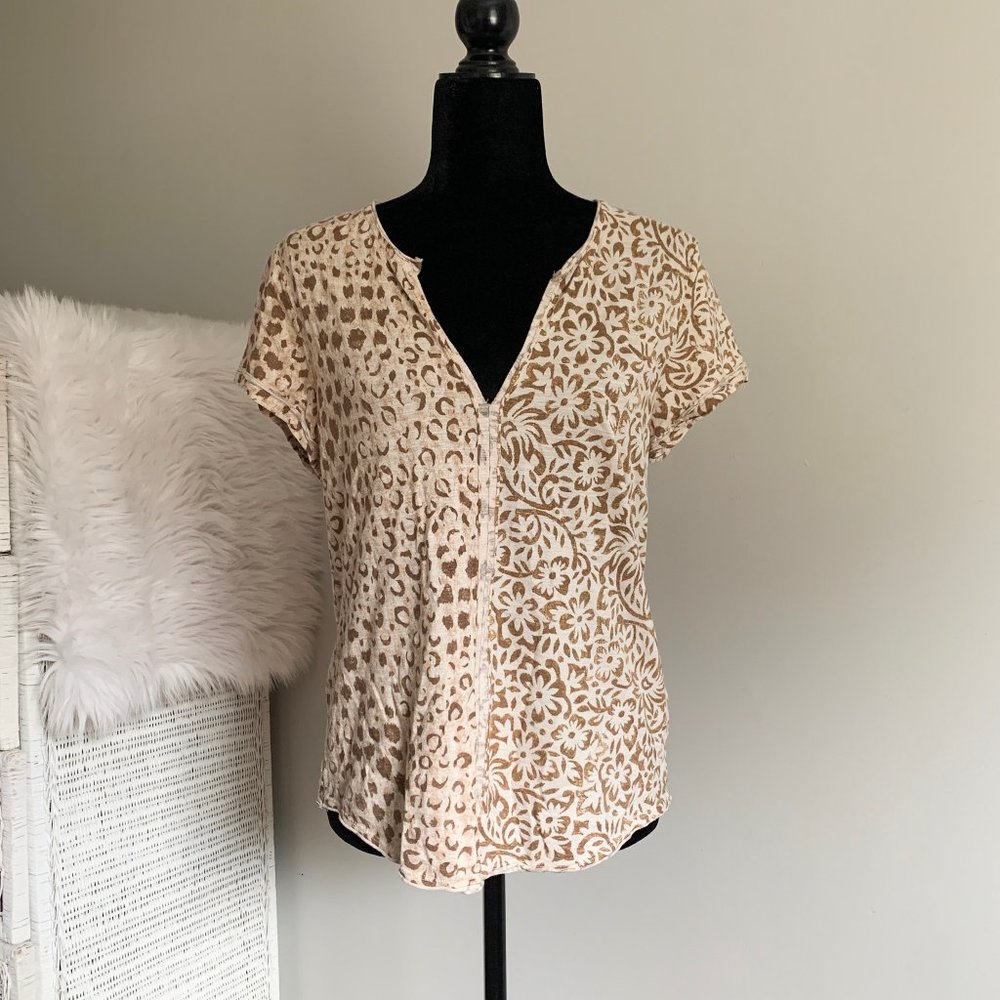 Anthropologie Pilcro Spliced-Neck Tee Mixed Animal Floral Print Neutral